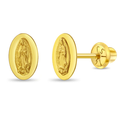 14k Gold Our Lady of Guadalupe Baby / Toddler / Kids Earrings Safety Screw Back