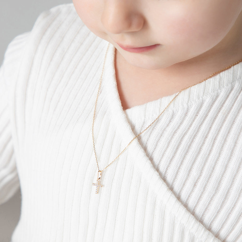 14k Gold Clear CZ Cross Baby / Toddler / Kids Pendant/Necklace