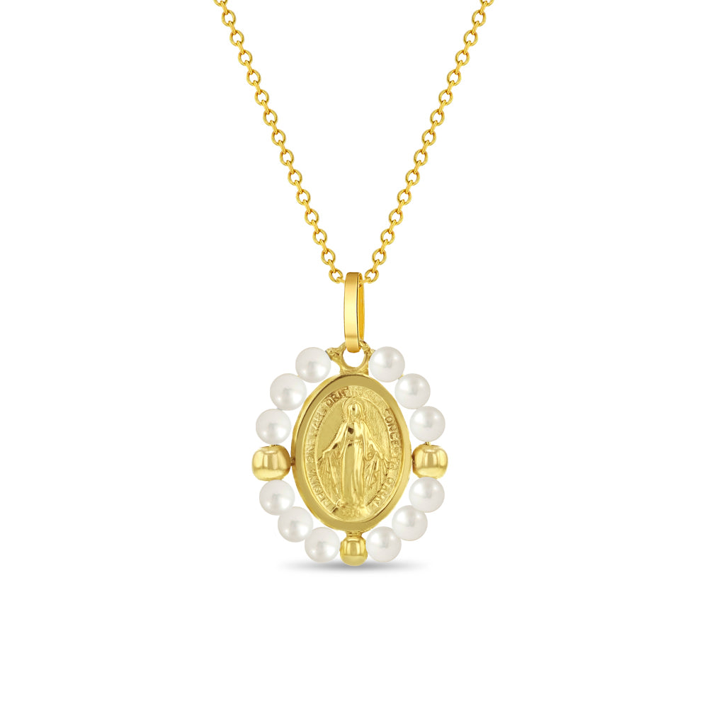 14k Gold Miraculous Virgin Mary Freshwater Cultured Pearl Kids / Children's / Girls Pendant/Necklace