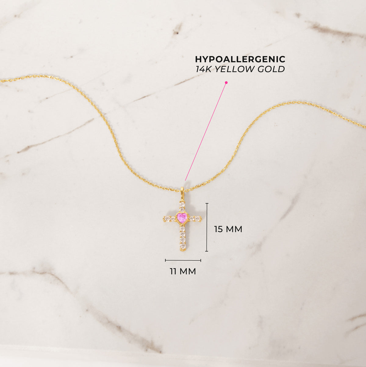 14k Gold Pink Heart Cross Baby / Toddler / Kids Pendant/Necklace