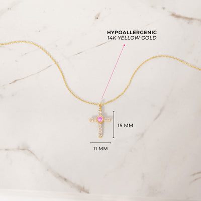 14k Gold Pink Heart Cross Baby / Toddler / Kids Pendant/Necklace