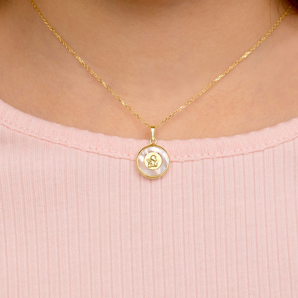 14k Gold Guardian Angel Medal Mother of Pearl Baby / Toddler / Kids Pendant