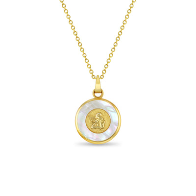 14k Gold Guardian Angel Medal Mother of Pearl Baby / Toddler / Kids Pendant