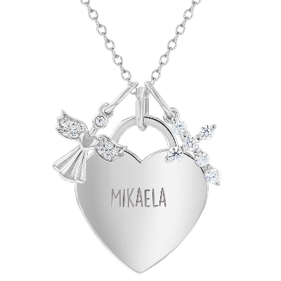 925 Sterling Silver Personalized Heart Necklace for Young Girls with Guardian Angel & Cross Pendant - Engravable with Name