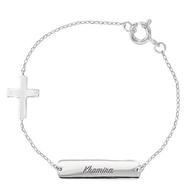 925 Sterling Silver 5" Cross Engravable Identification Tag Bracelet for Baby Girls & Toddlers