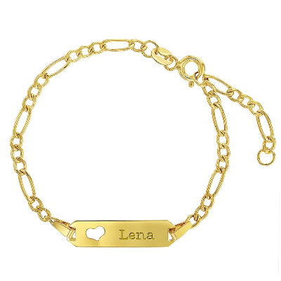 14k Yellow Gold Unisex Adjustable Girls Name ID Bracelet Engravable Heart Tag