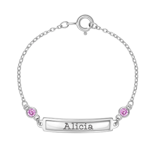 925 Sterling Silver 4.5" Baby Girl Tag ID Bracelet Pink Cubic Zirconias & Name Plate