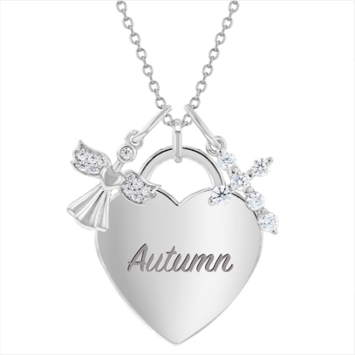 925 Sterling Silver Engravable Heart Tag CZ Angel & Cross Pendant Necklace for Girls