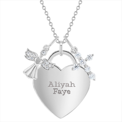 925 Sterling Silver Engravable Heart Tag CZ Angel & Cross Pendant Necklace for Girls