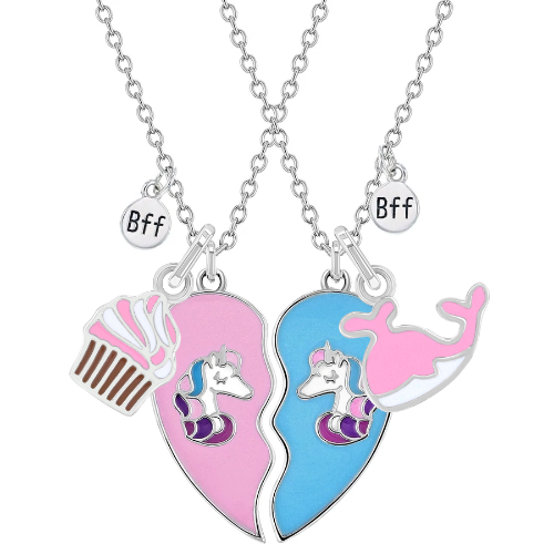 925 Sterling Silver Pink & Blue Enamel Unicorn Best Friends Necklaces For Little Girls and Pre-Teens 16"